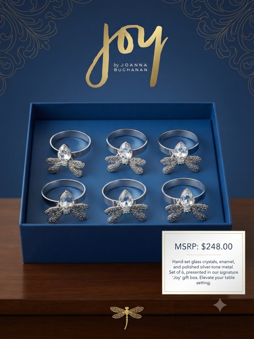Joanna Buchanan Silver Dragonfly Crystal Napkin Ring Set - Clear